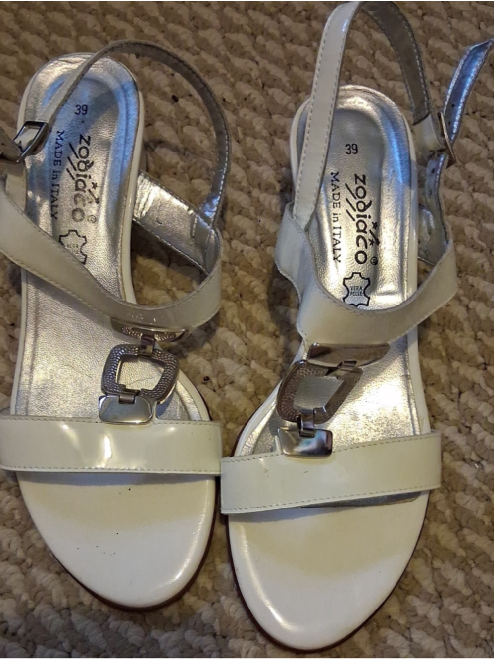 Zodiaco Italy Silver and White Leather Slingback Sandals 39